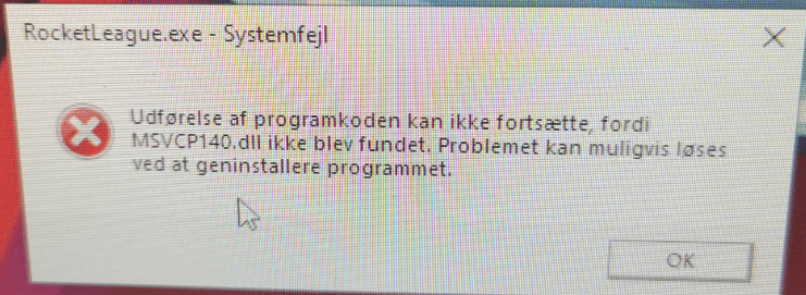 Fejlen lyder Udførelsen af programkoden kan ikke fortsætte fordi VCRUNTIME140.dll ikke blev fundet. Problemet kan mugligvis løses ved at geninstallere programmet.